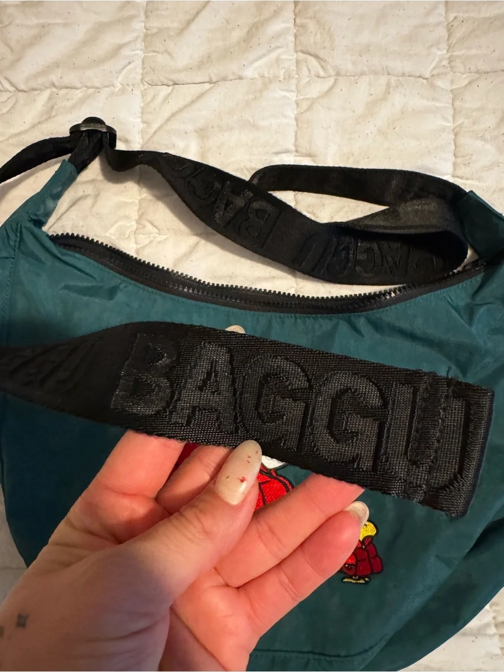 BAGGU Teal Crossbody Bag with Red Bear Patch